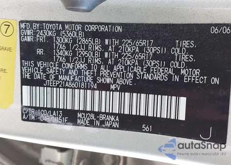 2006 Toyota Highlander Limited V6 из США, поврежденный, VIN JTEEP21A860181194